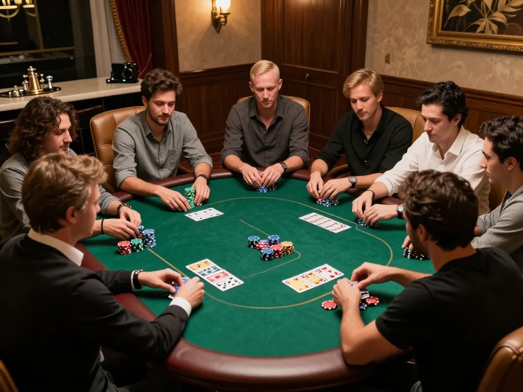 Players strategizing in an exciting poker game at a đại lý mm88 private gaming room with chips and cards visible.