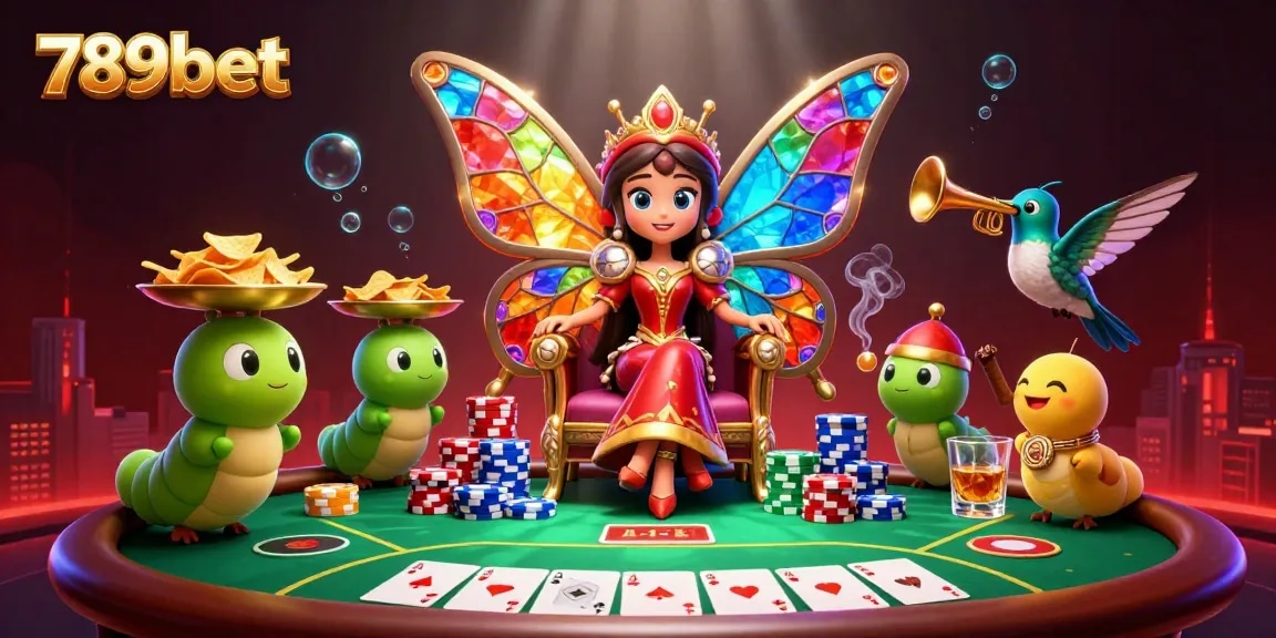 Experience the thrill of poker with 789bet, featuring a fantastical butterfly queen in an opulent casino.