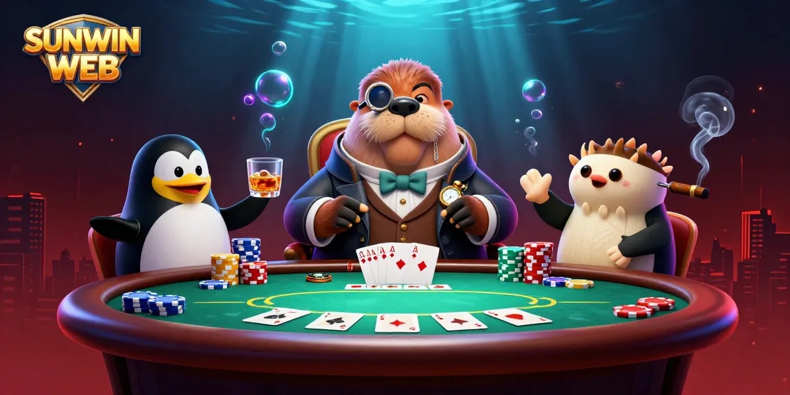 Experience dynamic poker action with SUNWIN WEB's vibrant cartoon underwater casino scene.