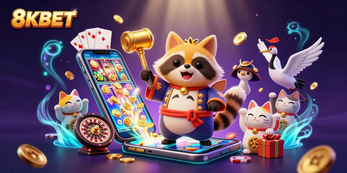 Engage with thrilling games at 8KBET, featuring a dynamic 3D illustration of raccoon characters and vibrant casino elements.