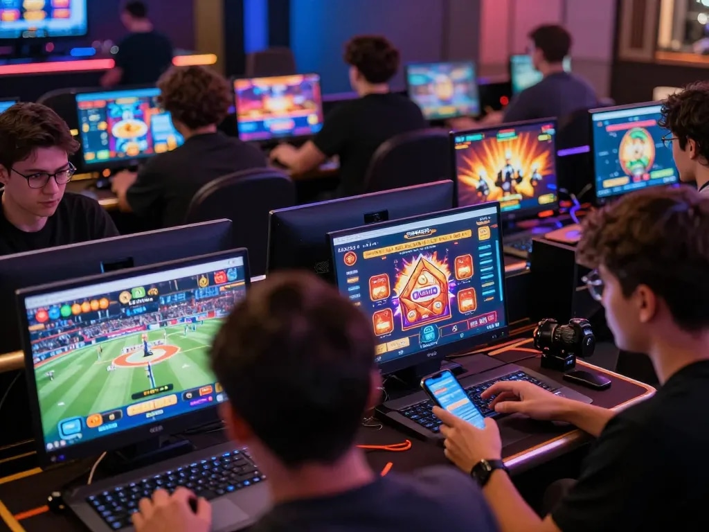 Goal123 users enjoying immersive online gaming experience on laptops and mobile devices in a vibrant setting.