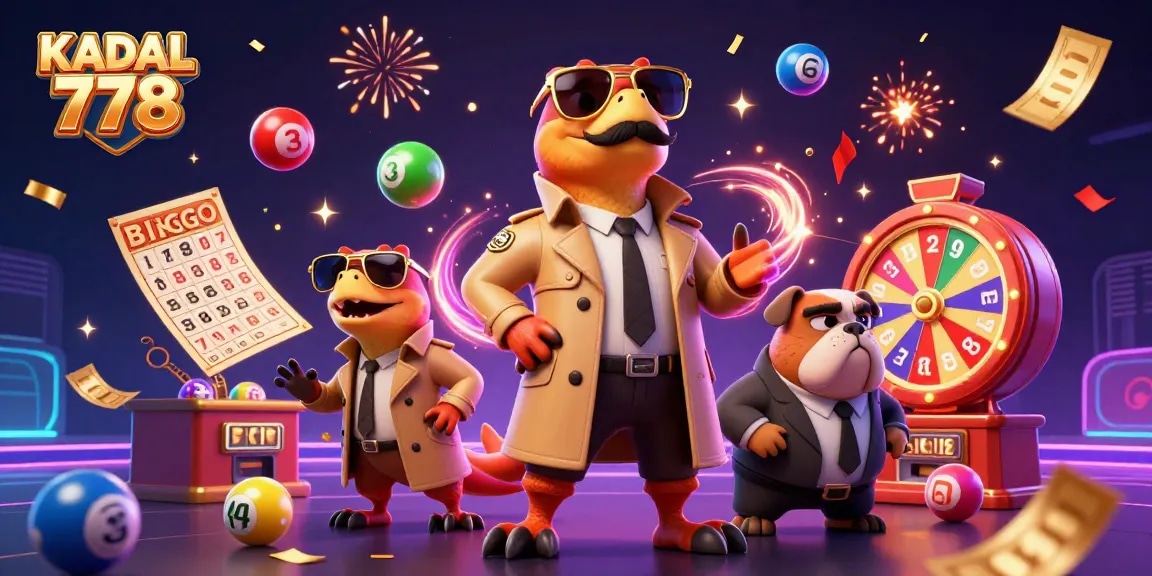 KADAL 778 raptors in a trench coat entering a casino amidst a lottery celebration.