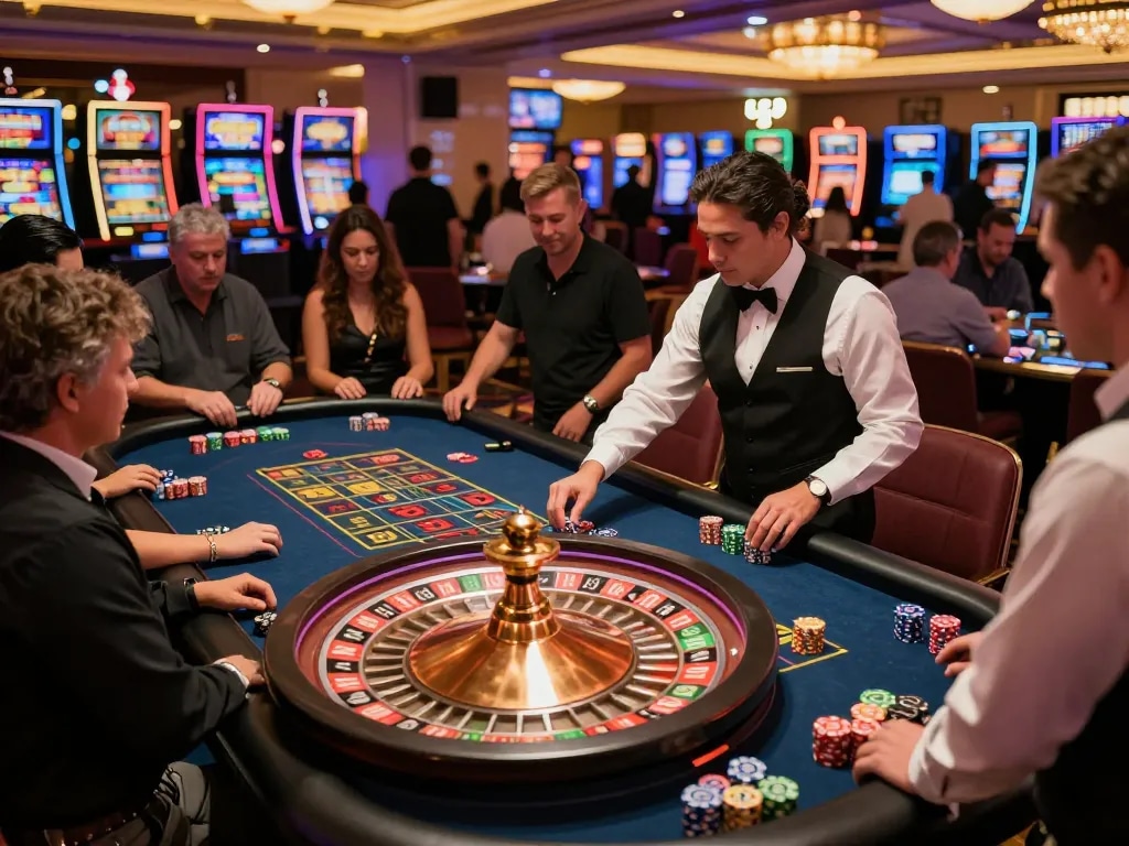 Players eagerly placing bets at a roulette table in a vibrant Las Vegas casino, embodying the spirit of TR88 gaming excitement.