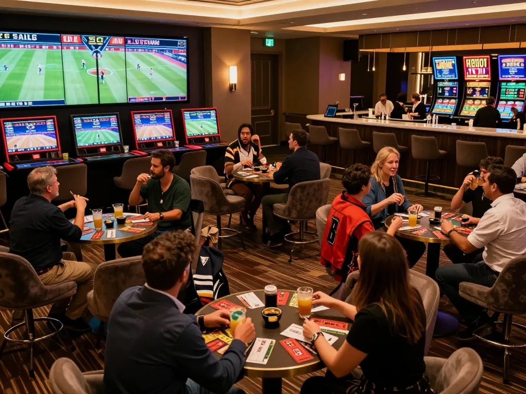 Patrons placing bets in the MB66 sports betting lounge with excitement during live games.