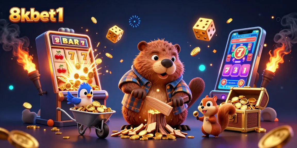 Experience thrilling gaming excitement with 8xbet1 as the lumberjack beaver collects golden coins.