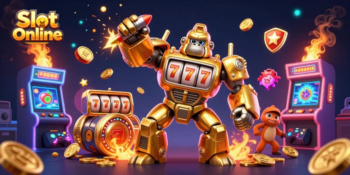Experience Slot Online excitement with a dynamic golden gorilla mech smashing through coins and classic gaming symbols.