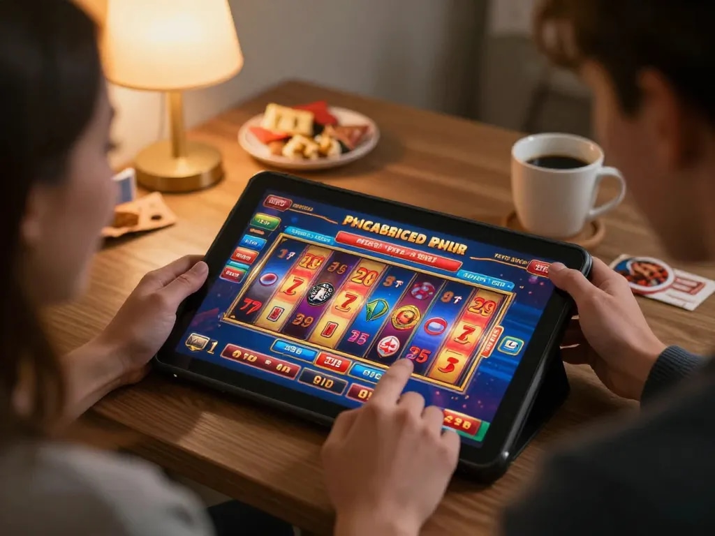 Person enjoying exciting rik vip slot games on a tablet in a cozy home environment.