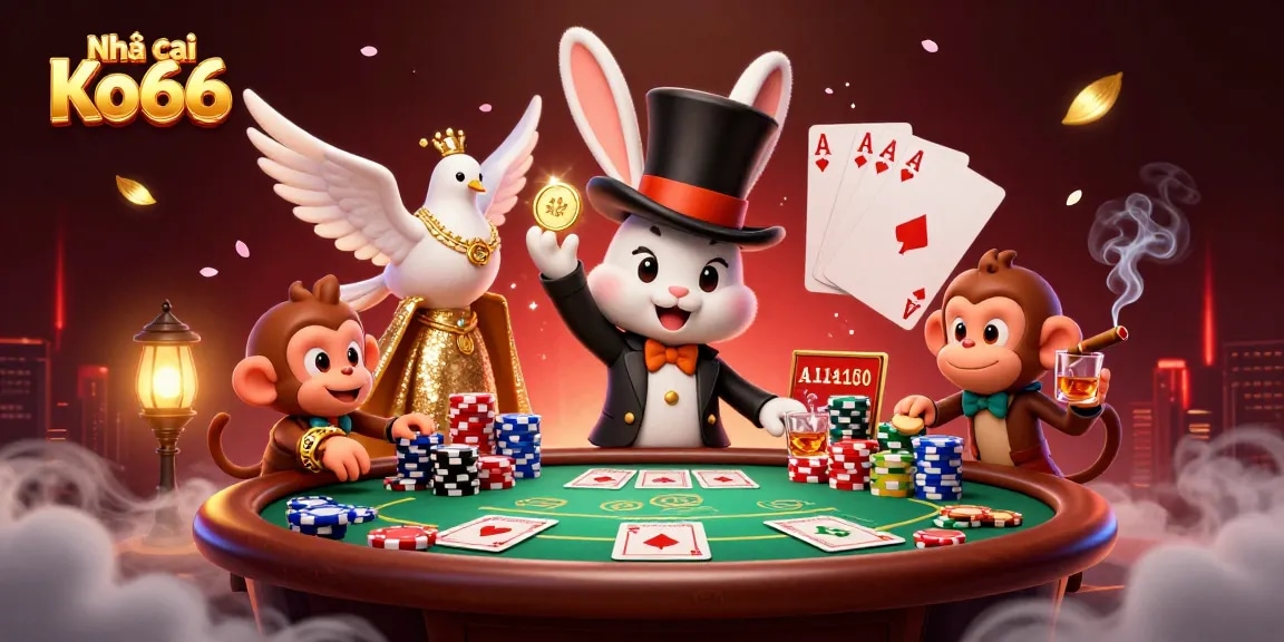 Experience action at Nhà cái Ko66 featuring a magical rabbit, poker chips, and striking casino elements.