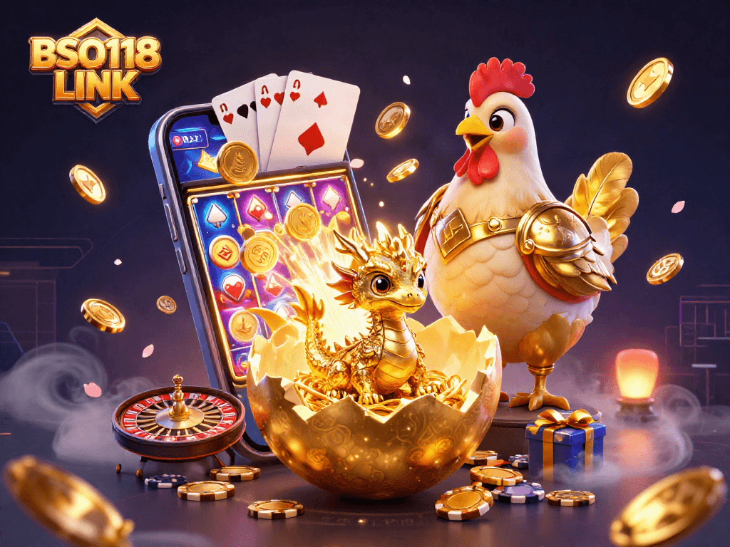 Engage with BSO118 LINK through this vibrant, gold-themed gambling illustration.