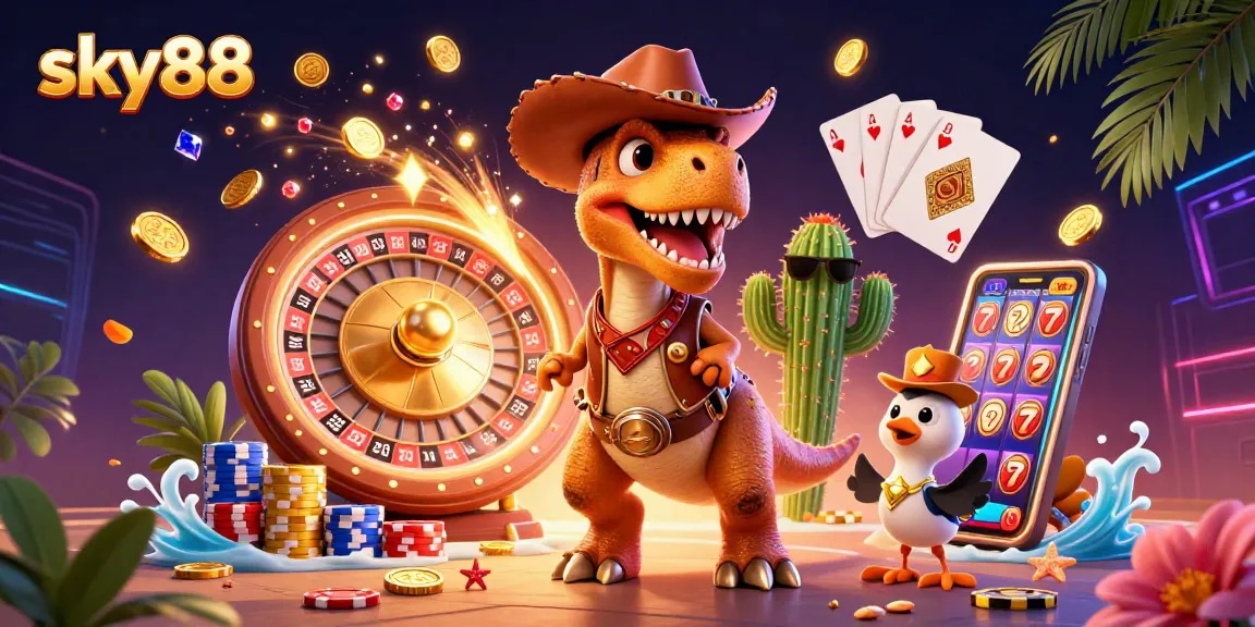 Experience the excitement with sky88's vibrant 3D casino scene featuring a T-Rex cowboy.
