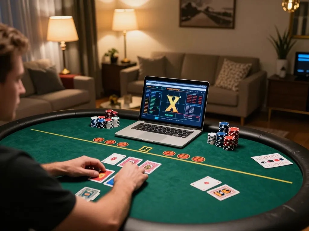A player enjoys CM88 poker game on laptop at home, surrounded by cards and strategy notes.