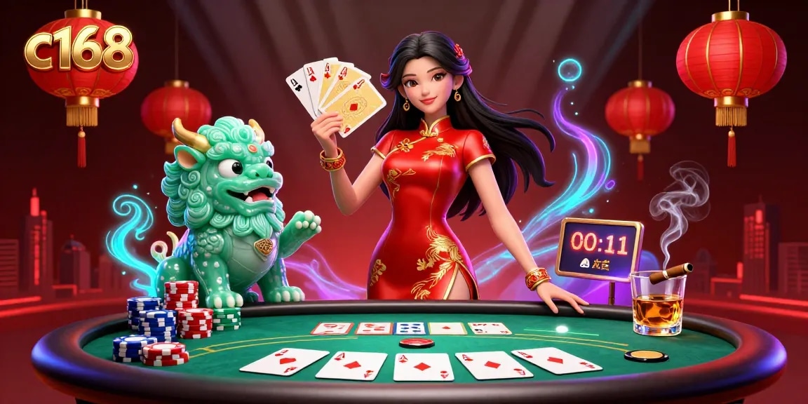 Play exciting card games at c168 with a stunning Asian-themed casino scene featuring a woman in a qipao.