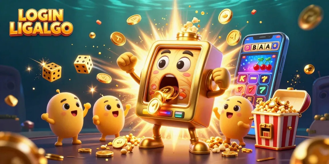 Hit the jackpot with LOGIN LIGALGO as a golden slot machine triumphs, surrounded by gold coins and vibrant casino symbols.