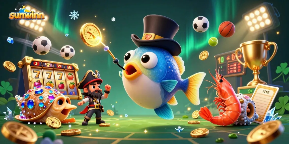 Join the fun at sunwinn with a vibrant 3D anglerfish luring golden coins in a striking casino scene.