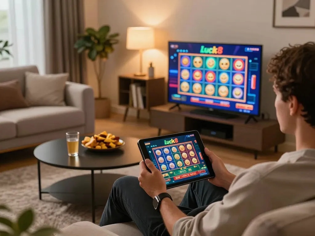 Person engaging in luck8 online gaming with a tablet in a cozy living room setting