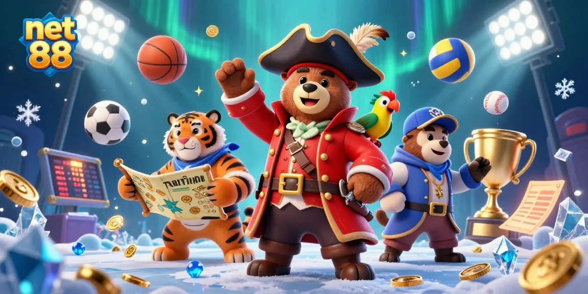 Unleash winning strategies with net 88 in this vibrant 3D casino scene featuring a pirate bear and tiger.