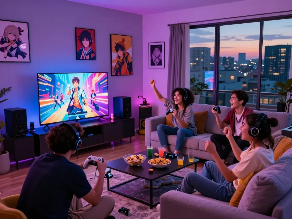 Group of friends enjoying a colorful hentai game in a cozy living room.