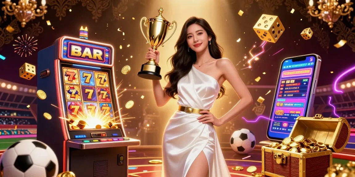 Experience thrilling gameplay at HM88 with a trophy-winning Asian woman amidst casino grandeur.