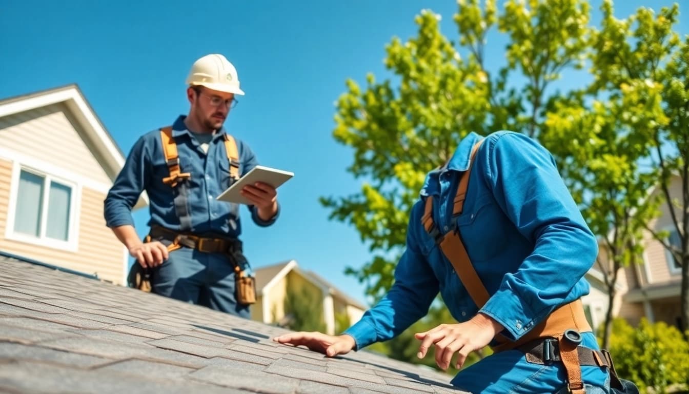 Roofing company professionals inspecting shingles on a residential roof