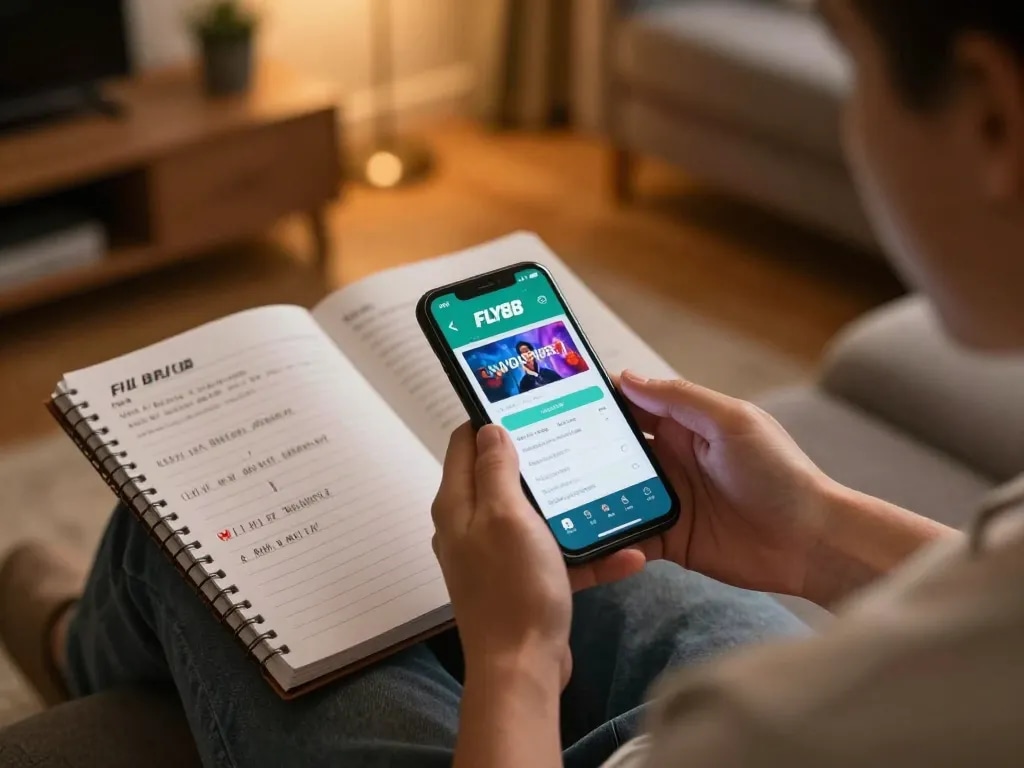 Gambling with the FLY88 app on a smartphone in a cozy setting, showcasing responsible gaming.