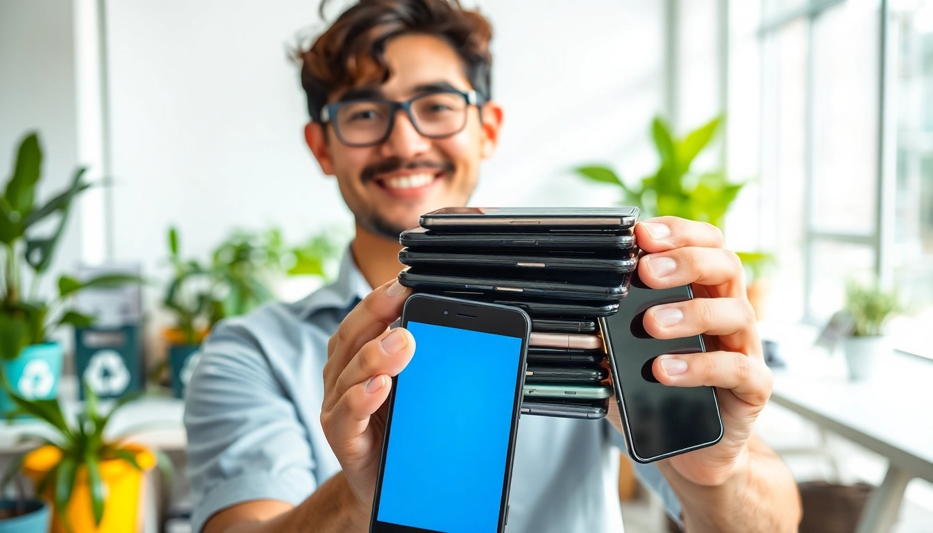 Explore options for Cash For Old Phones with a person recycling devices in a bright office.