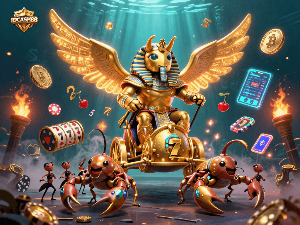 Engage with thrilling gameplay at IDCASH88 featuring a glorious golden beetle illustration and dynamic casino elements.