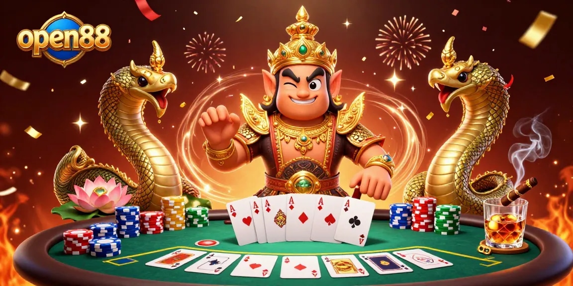 Play thrilling poker and win big at open88 with dynamic 3D casino illustration featuring vibrant game elements.