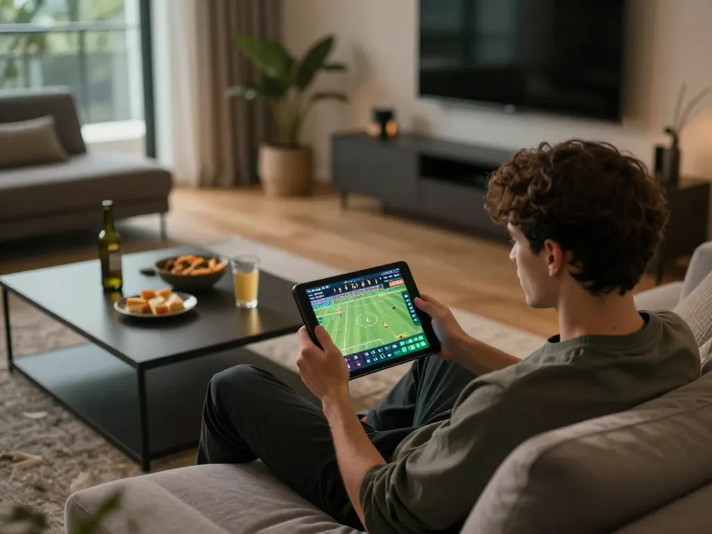 Person engaging in sports betting with tablet displaying live odds using tylekeo.