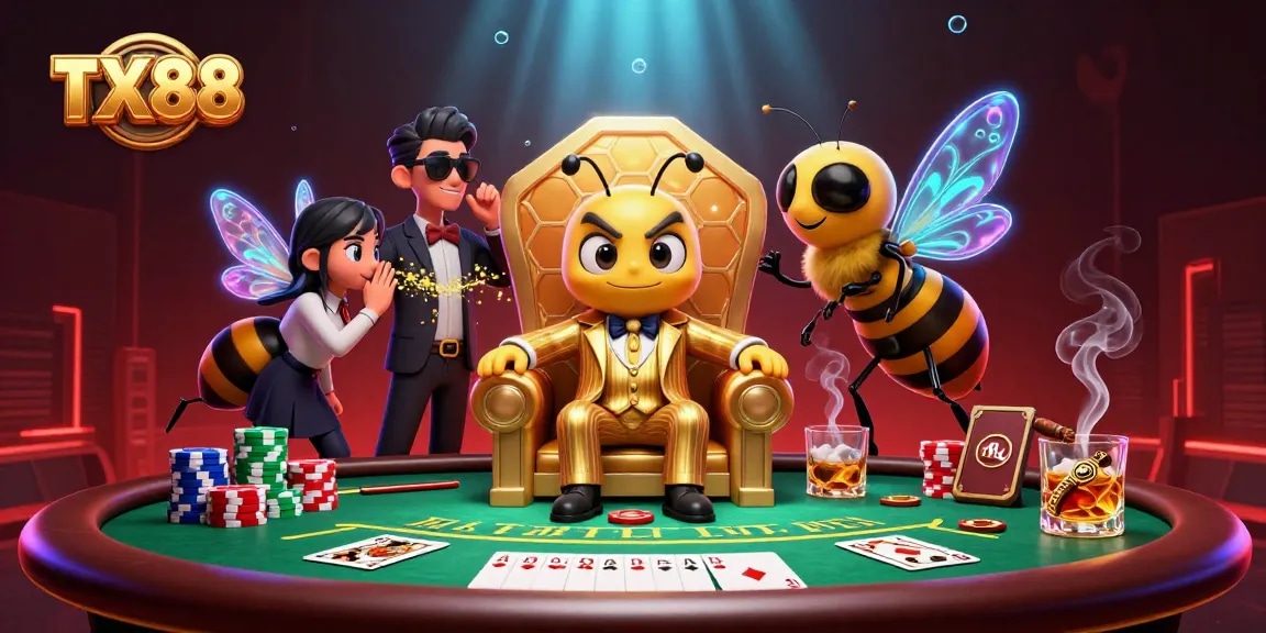 TX88 casino action featuring a bumblebee mob boss and poker chips in a vibrant scene
