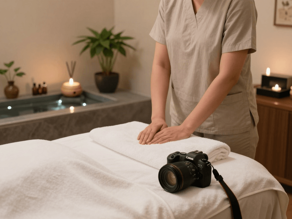 Relaxing spa setting for 오산출장안마 with calming lighting and soothing elements.