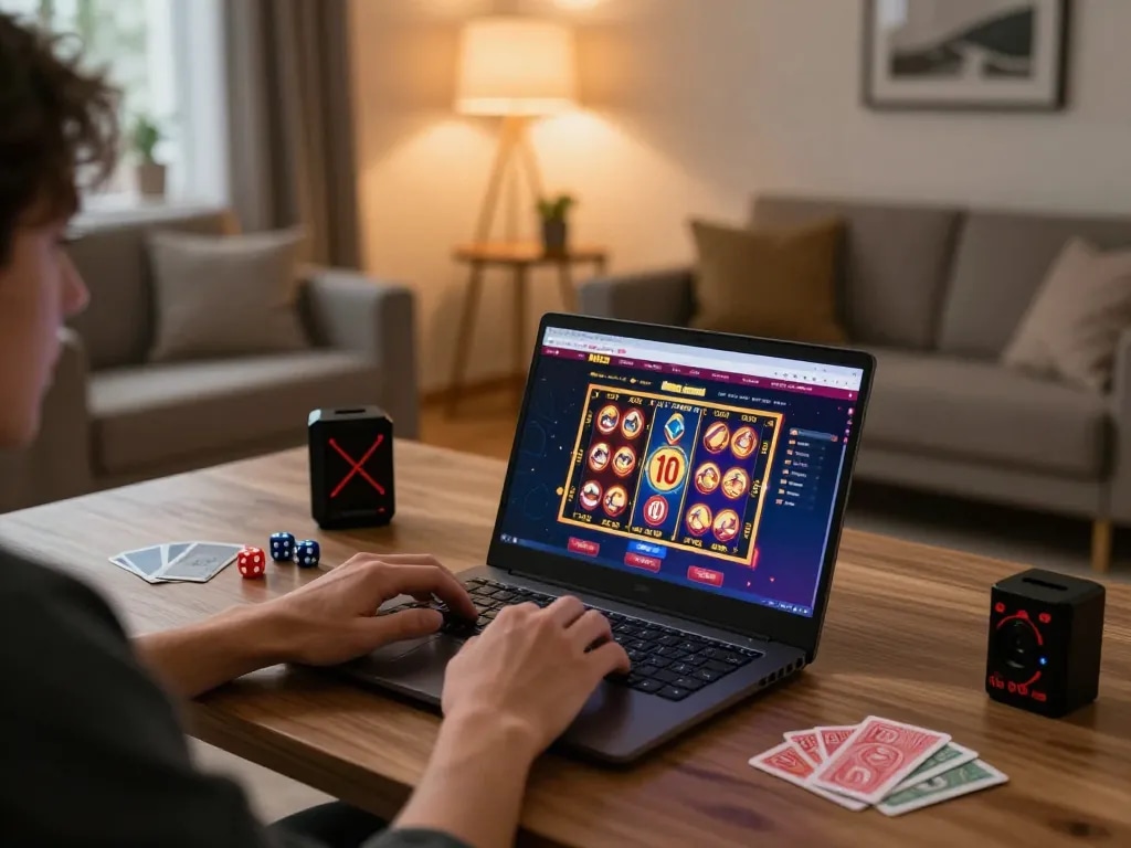 MIG8 player engaging in exciting online slot games at home during cozy evening setup.