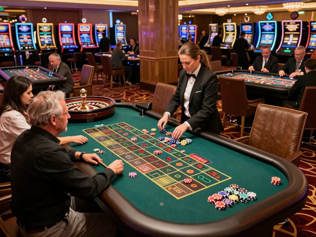 Players engaging with roulette at mk8th casino, showcasing a vibrant gaming atmosphere