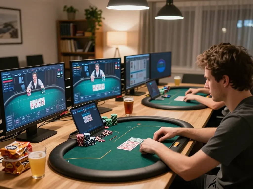 Player strategically managing online poker at home using the 33winn platform, featuring multiple monitors and organized setup.