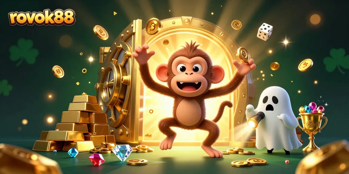 rokok88 showcases a lively haunted casino scene with a poltergeist monkey juggling gold while a curious puppy tracks it.