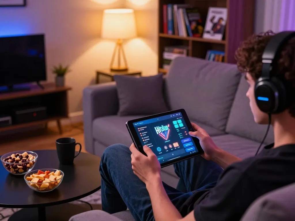 Guided gameplay at home with Hitclub, featuring a focused player on a tablet amidst a cozy living room setup.