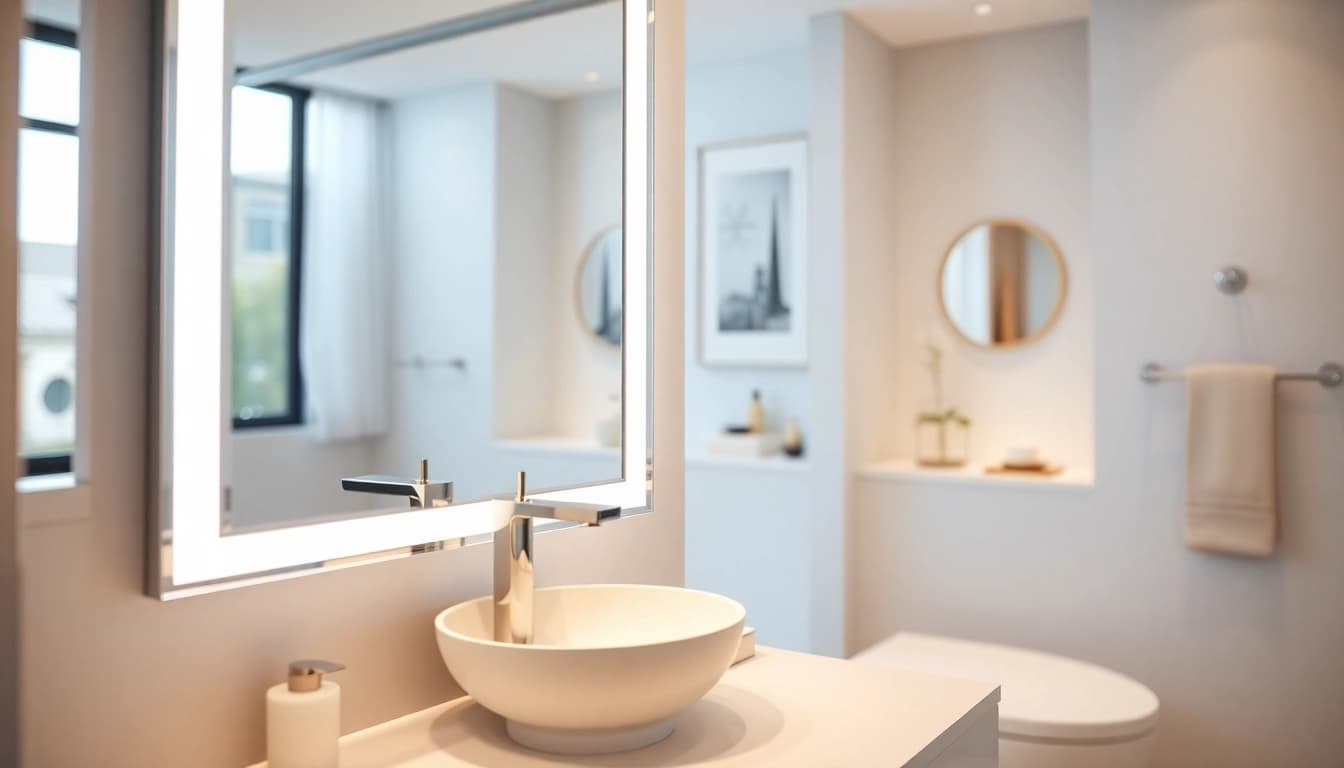 Enhance your bathroom aesthetics with a stunning mirror and led lights illuminating space.