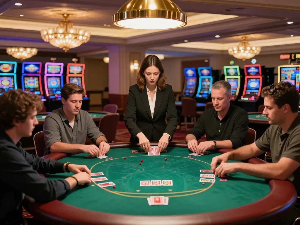 Engaging atmosphere at GG88 casino with players enjoying poker and dealers managing exciting games.