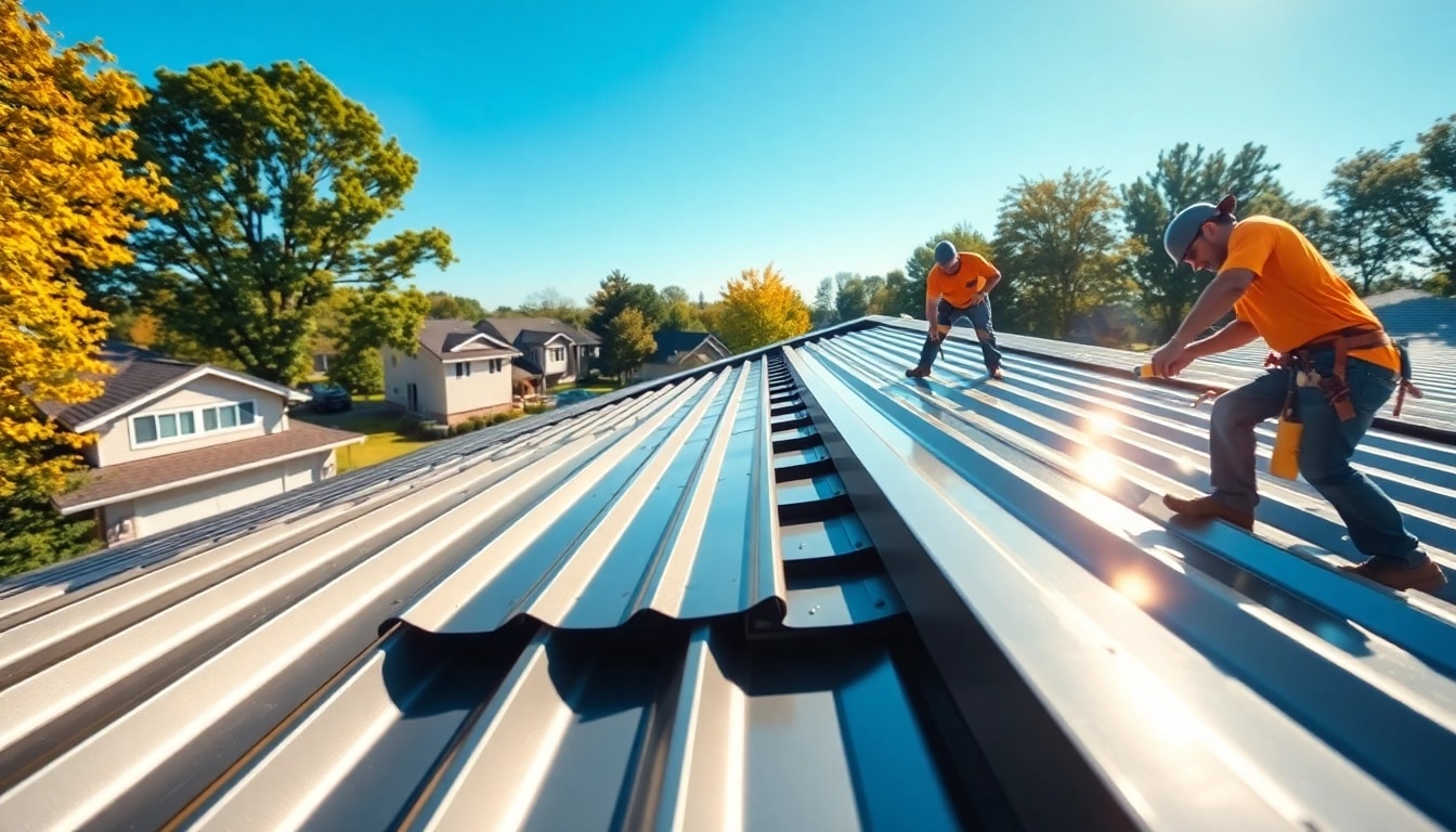 Installers working on metal roofing, showcasing durability and craftsmanship.