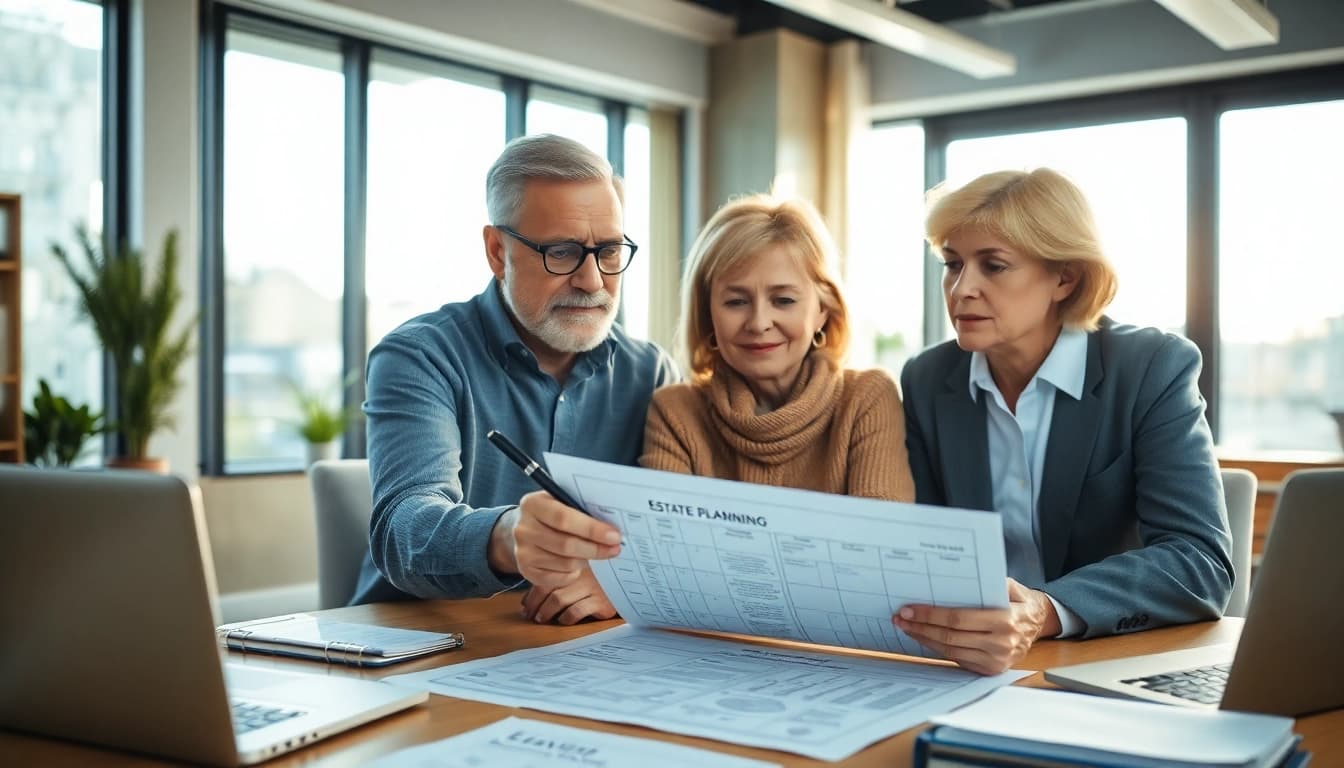 Estate Planning discussion between couple and advisor in a bright office setting.