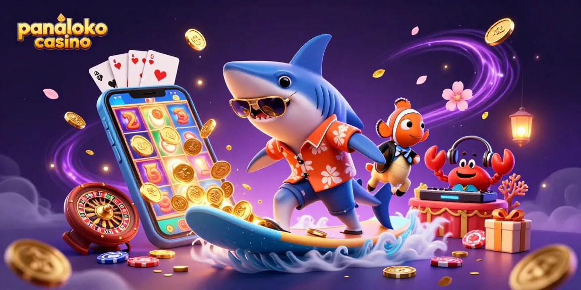 Panaloko casino showcases an exciting ocean adventure with a shark, clownfish, and crab amidst vibrant casino elements.