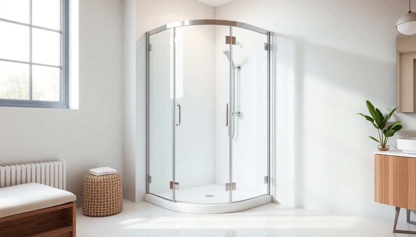 Duschkabine 80x80 Eckeinstieg mit eleganten Glaswänden in modernem Badezimmer.