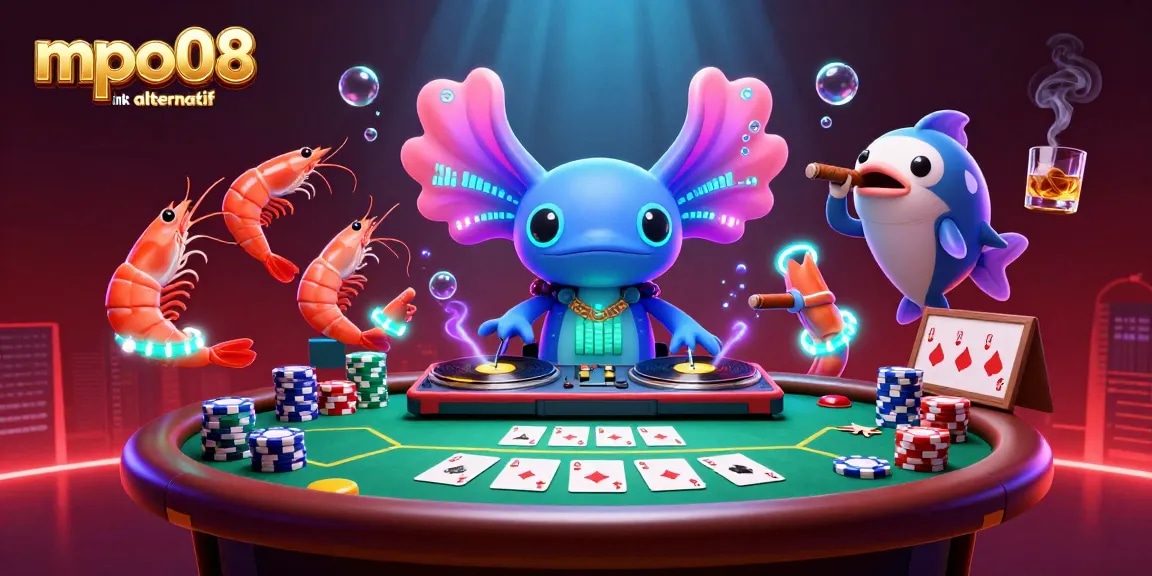 Party with the vibrant mpo08 link alternatif casino scene featuring a lively DJ and epic poker elements.