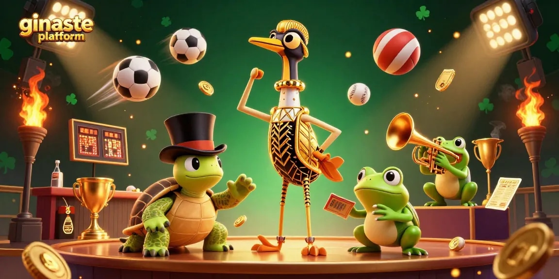 Engage with the ginaste platform through an exciting 3D gaming scene filled with vibrant characters and sports elements.