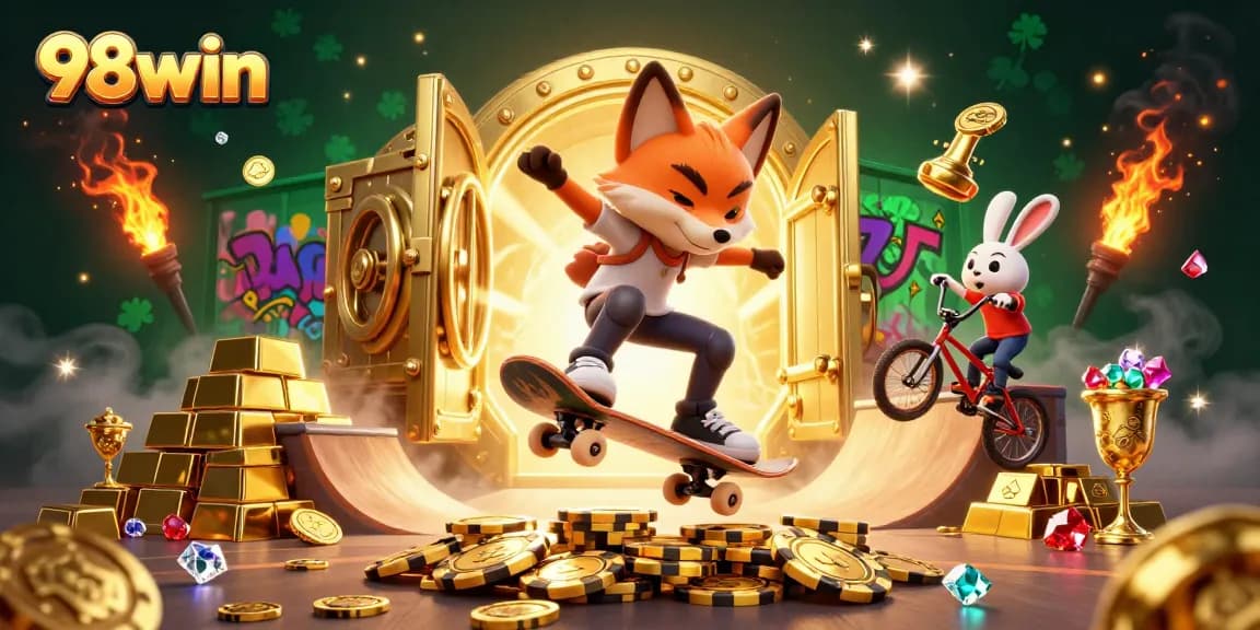 Watch the 98win fox skateboarder performing tricks in a vibrant 3D casino scene packed with treasures.