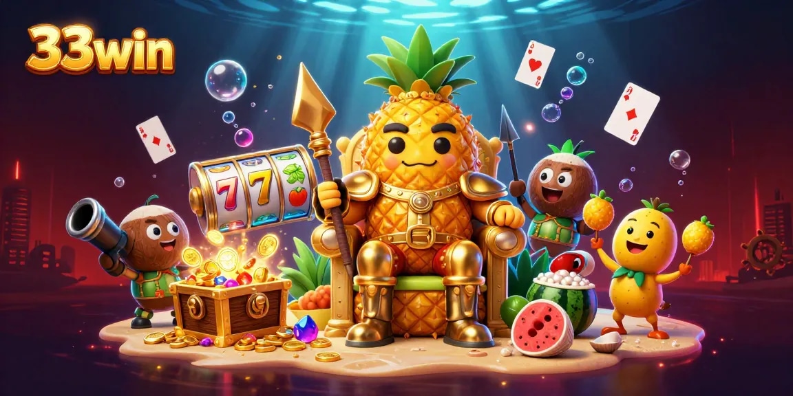 33win casino scene featuring a golden pineapple king and vibrant slot game elements.
