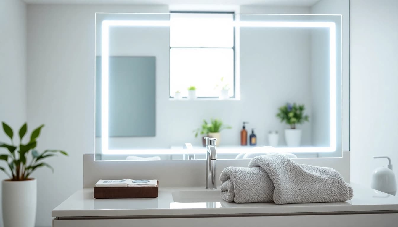 Stunning led mirror bathroom reflecting natural light in a modern setting.