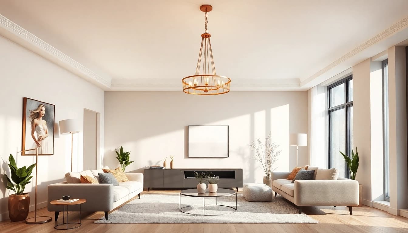 Shop ModernLighting with elegant fixtures illuminating a stylish living room.
