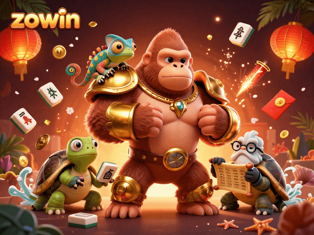Zowin's gorilla king and chameleon companion celebrate gambling wins in a vibrant casino scene.