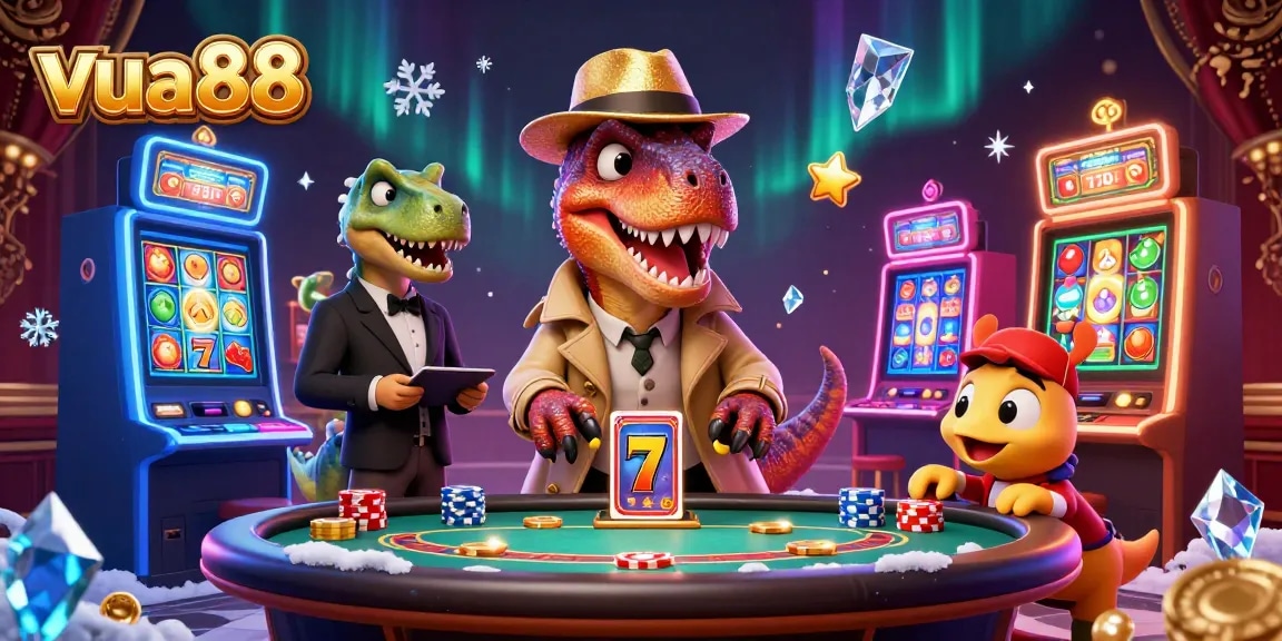 Bet at Vua88 while cartoon velociraptor counts cards at a casino blackjack table.