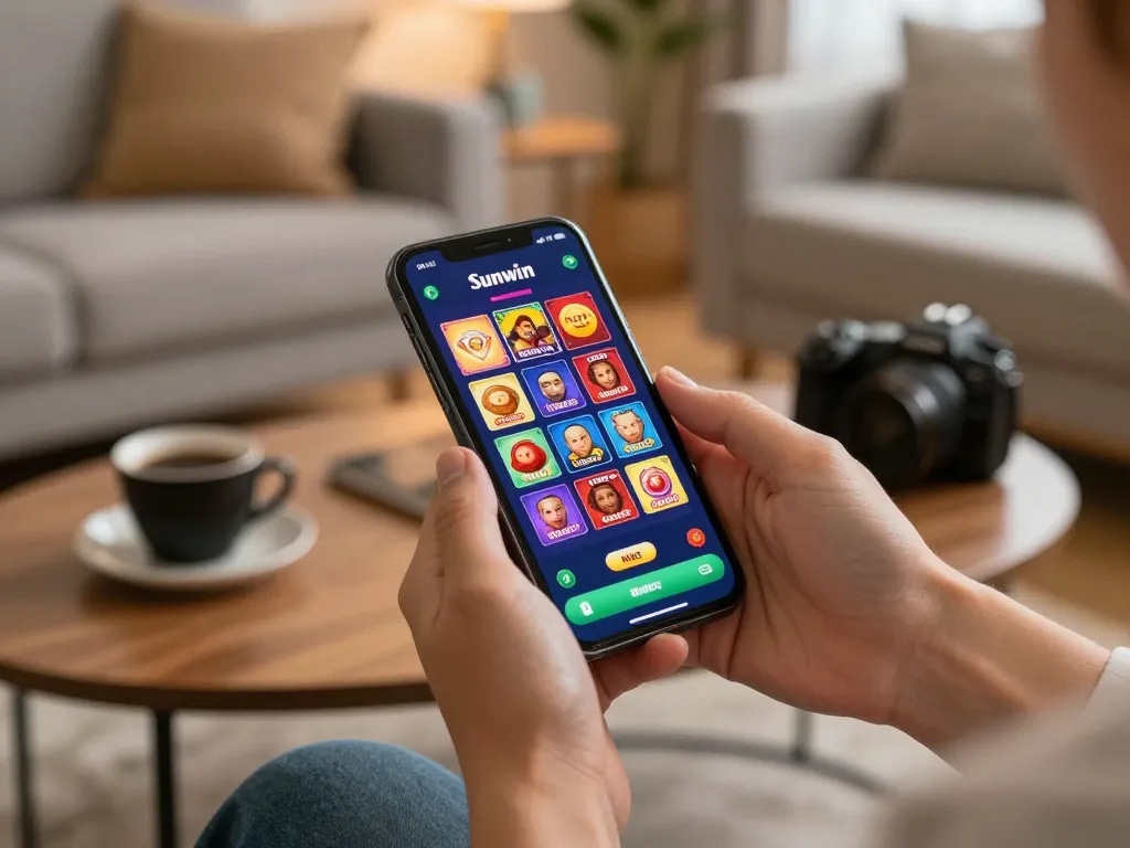 Playing the Sunwin casino app on smartphone at home for engaging gaming experience.